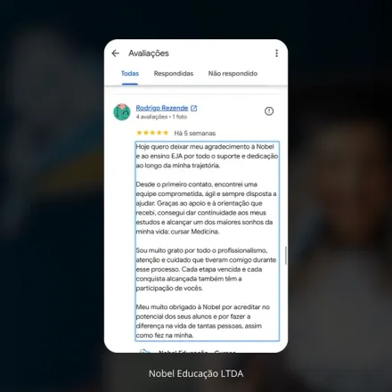 Print de avaliação no Google de aluno formado pela Nobel