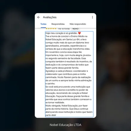 Print de avaliação no Google de aluno formado pela Nobel
