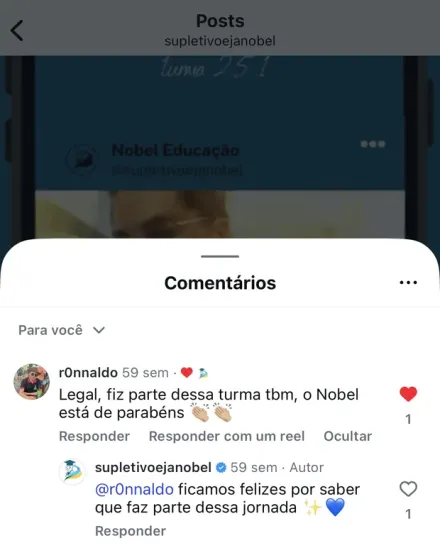 Print de mensagem no Instagram de aluno formado pela Nobel