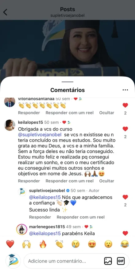 Print de mensagem no Instagram de aluno formado pela Nobel
