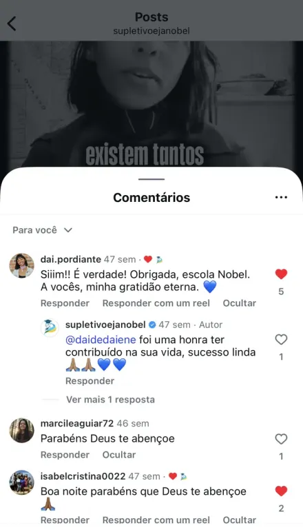 Print de mensagem no Instagram de aluno formado pela Nobel