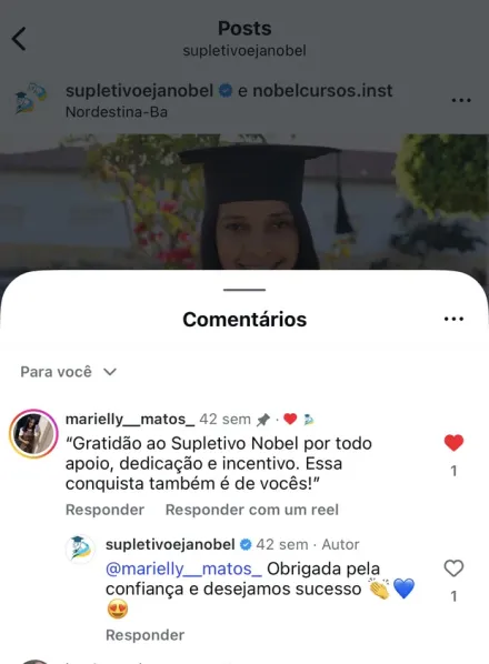 Print de mensagem no Instagram de aluno formado pela Nobel