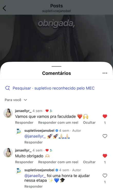 Print de mensagem no Instagram de aluno formado pela Nobel