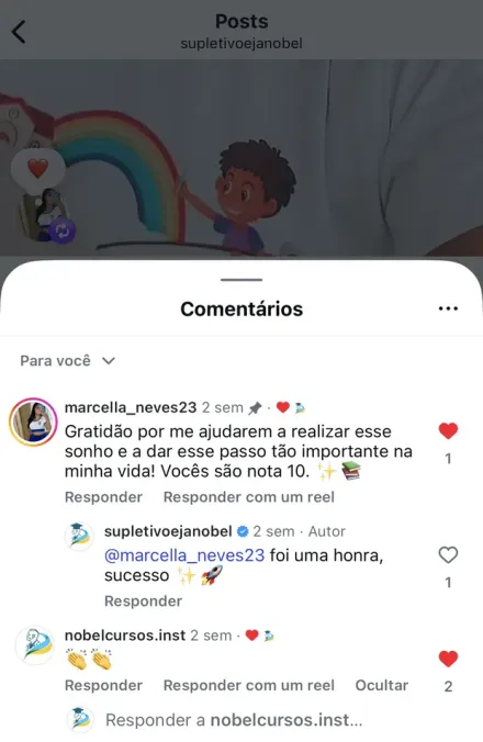 Print de mensagem no Instagram de aluno formado pela Nobel