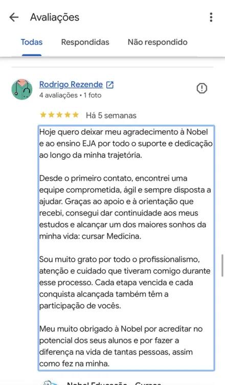 Print de mensagem no Instagram de aluno formado pela Nobel